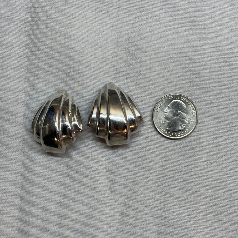 Vintage Sterling Silver Scallop Shell Clip On Earrings 925 Thailand 11.58g - Picture 3 of 7